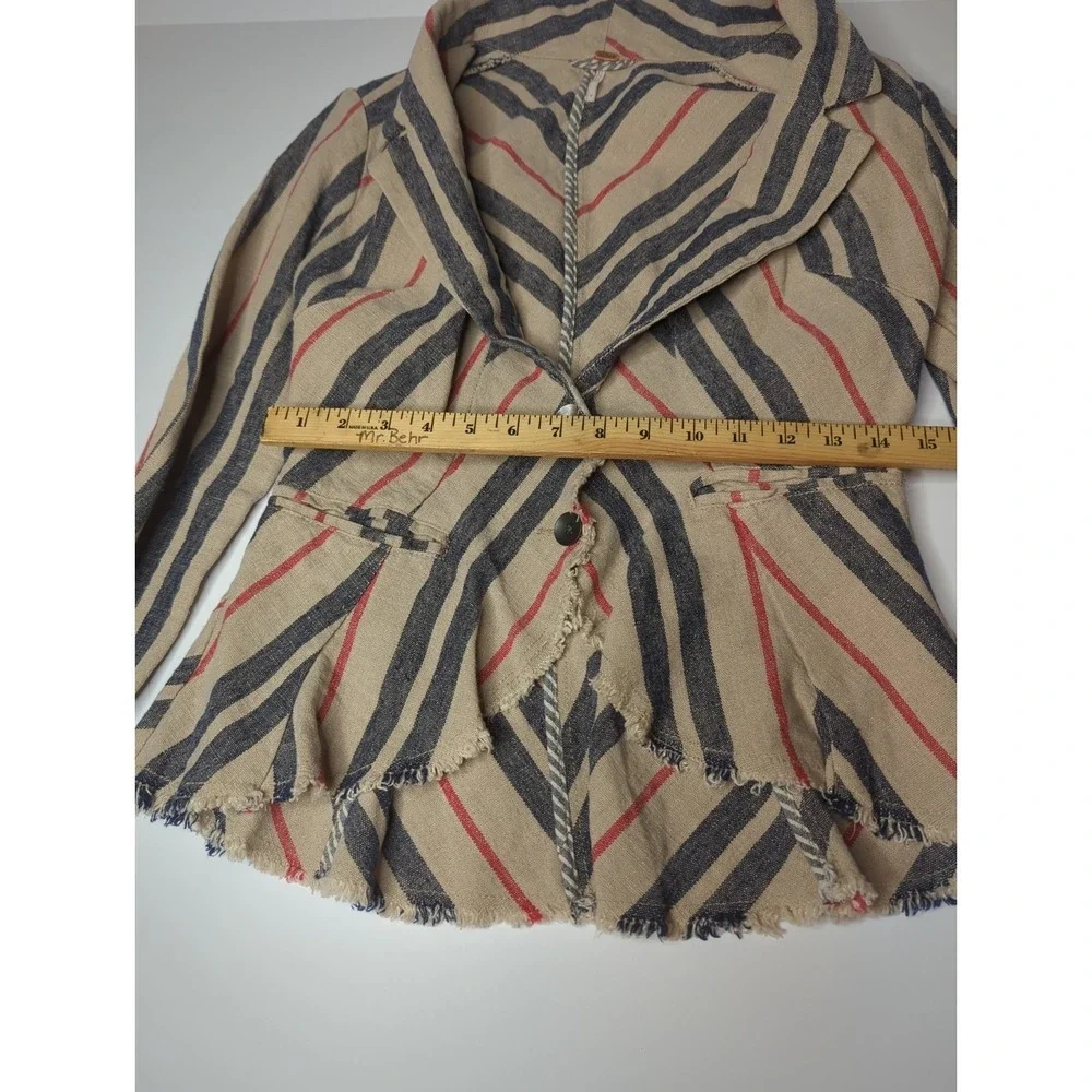 Free People Rumble Striped Linen Peplum Blazer Boho Jacket Frayed Hem Sz 8